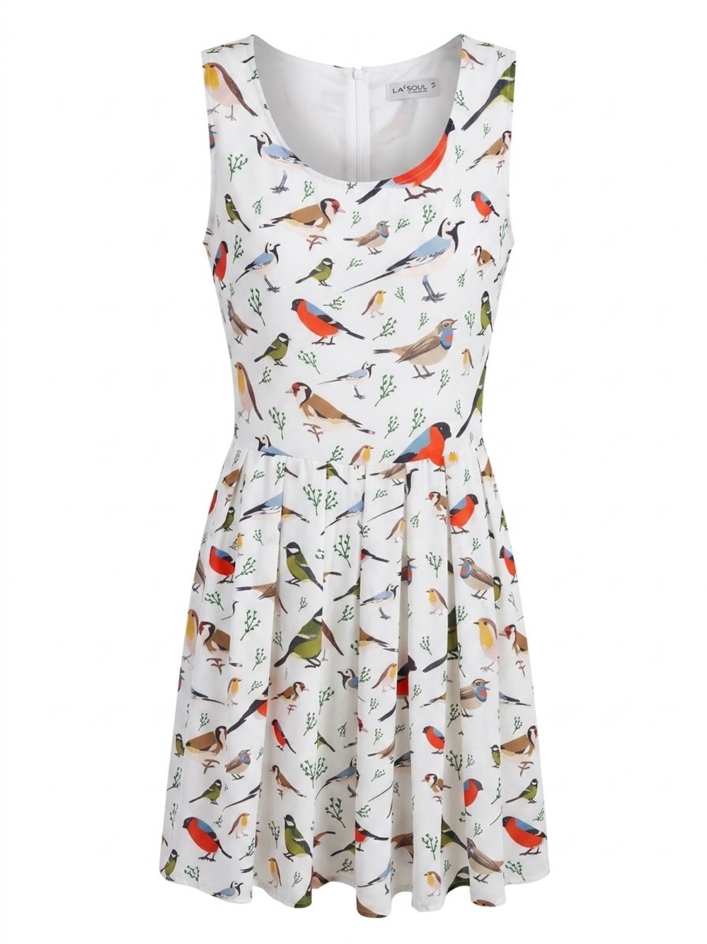 LA Soul Sleeveless Bird-Print Dress in White Pleated With Pockets Medium